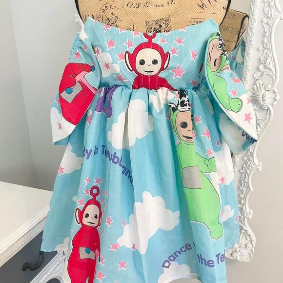 New York Couture *One of a Kind* Pastel Tele Tubbies Flutter Sleeve Dress - Picture 2 of 5